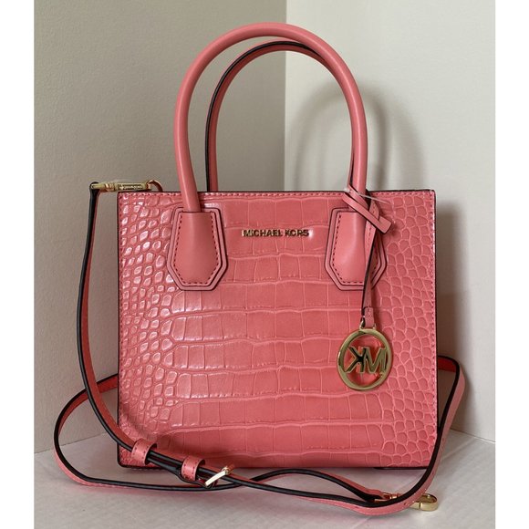 New Michael Kors Mercer medium Messenger handbag Embossed Leather Grapefruit - Picture 1 of 7